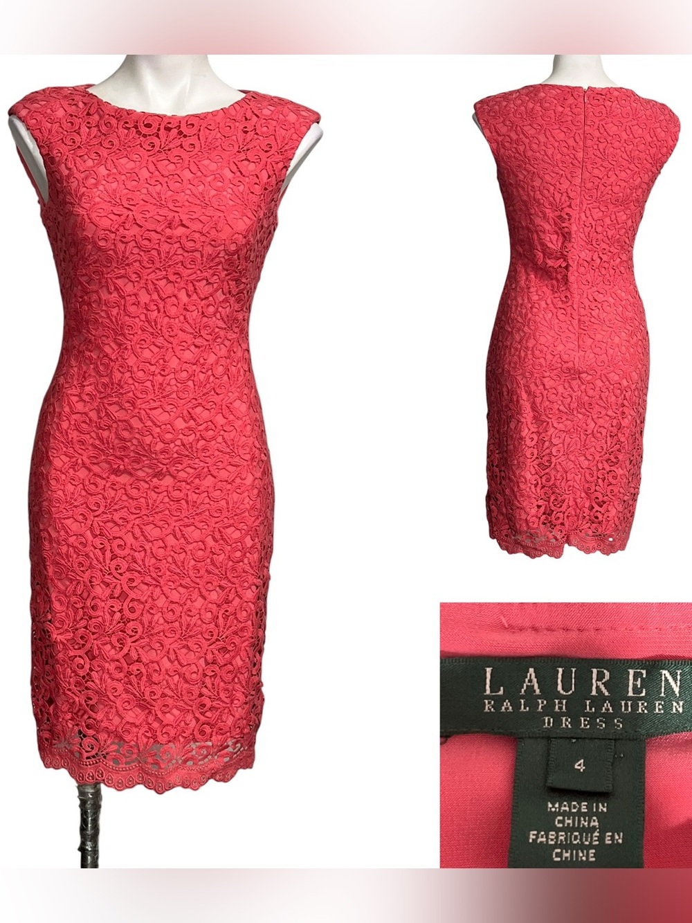 Lauren Ralph Lauren dress sz 4 Coral-Pink crochet overlayโ Sheath knee length